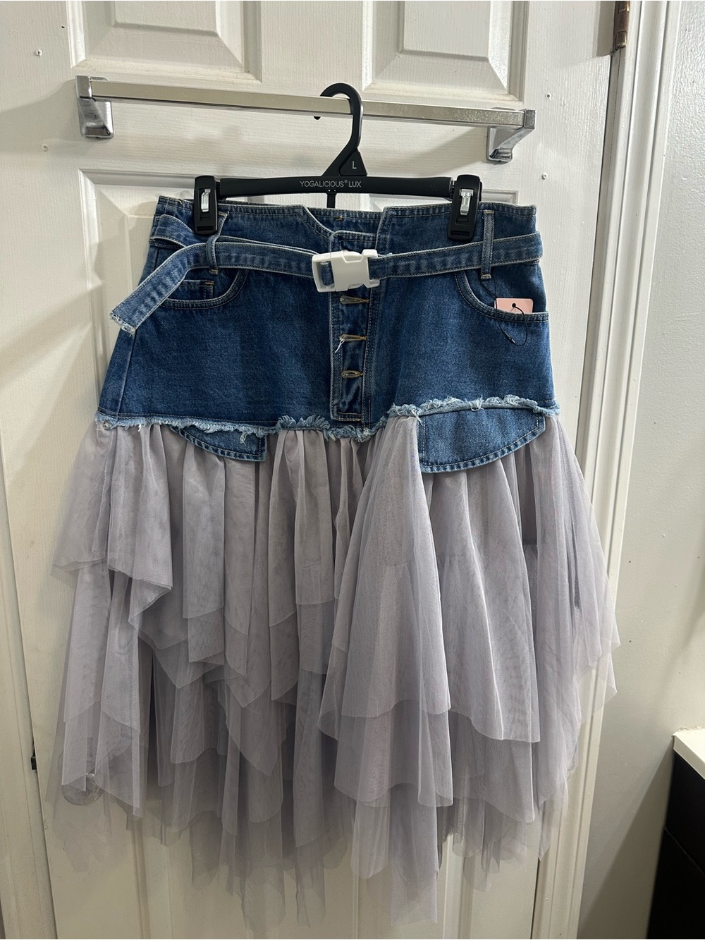 Denim Waist Asymmetrical Tulle Skirt in Light Gray